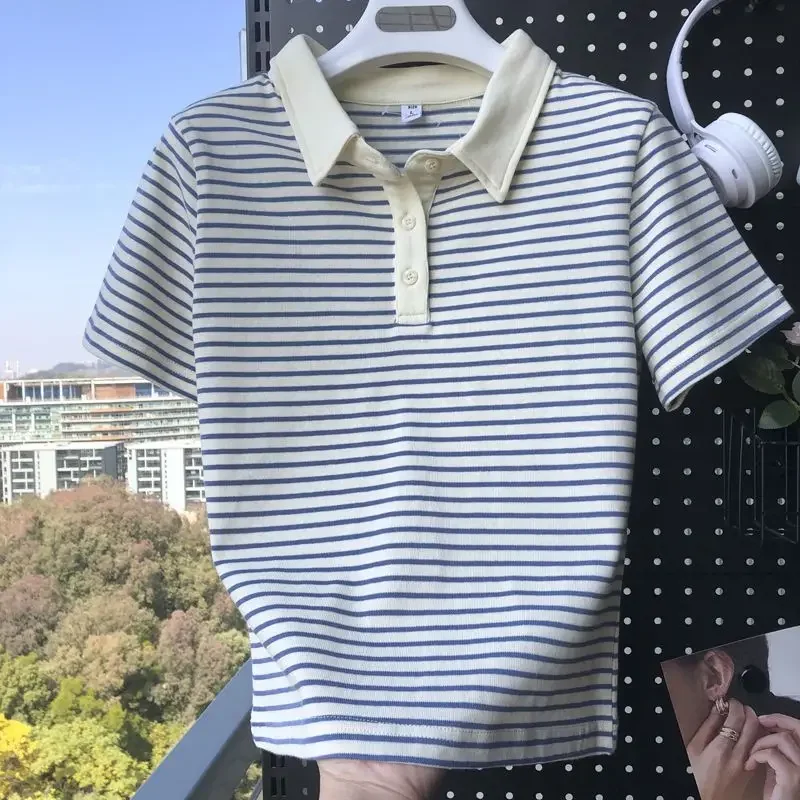

Short Sleeve Polo Neck T Shirt for Striped Women Woman Tshirt Women's T-shirt Y2k Fashion Aesthetic with Collar Korean Clothing