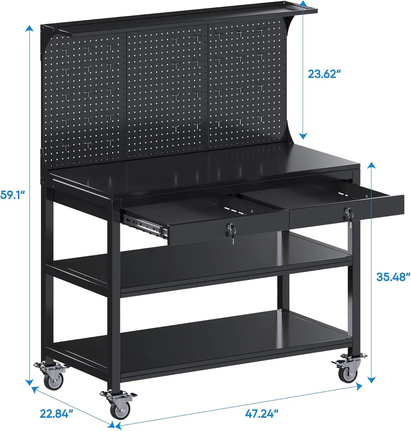 Metal Workbench With Pegboard And Shelf, Mobile Garage Workbench With 2 Tool Drawer Lockable, Steel Heavy Duty Workbench