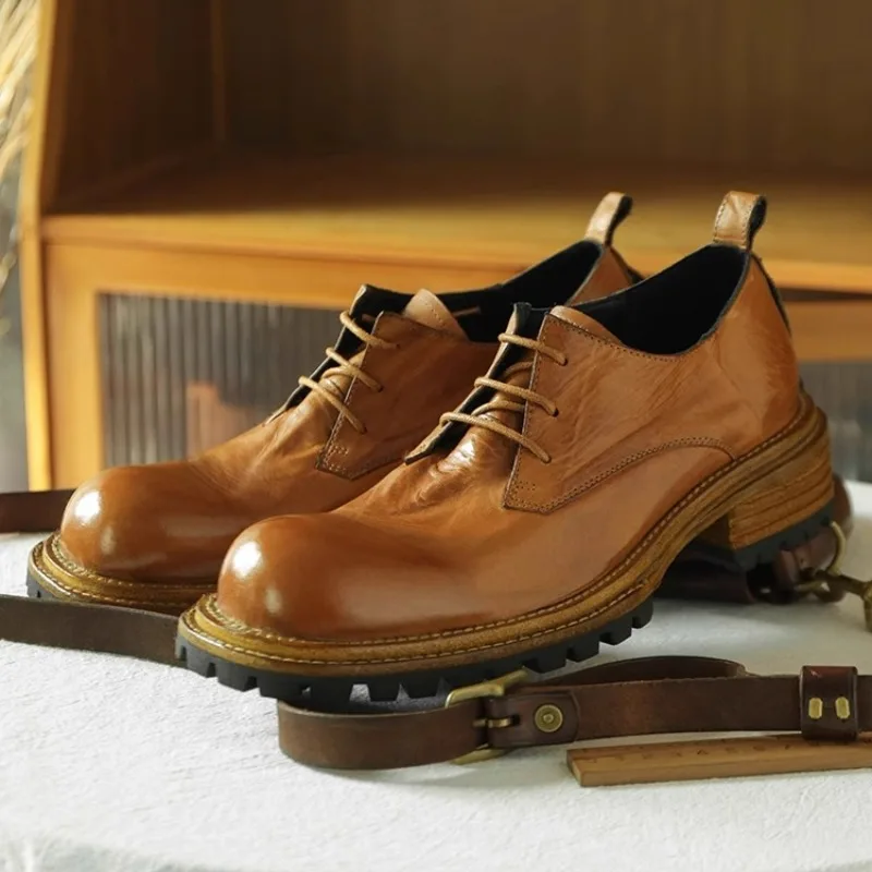 

Square Toe Genuine Leather Derby Shoes Handmade British Men Outdoor Hiking Work Shoes Dress Office Party Casual Leather Shoes