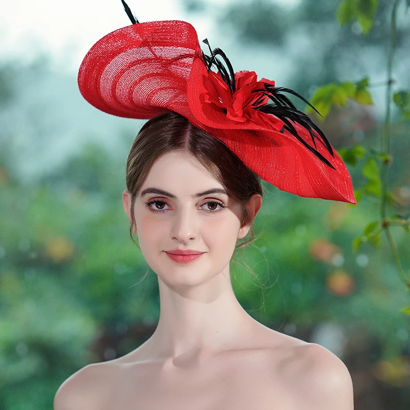 

French retro red gift hat black feathers elegant celebrity dinner party wedding dress photo studio photo headdress