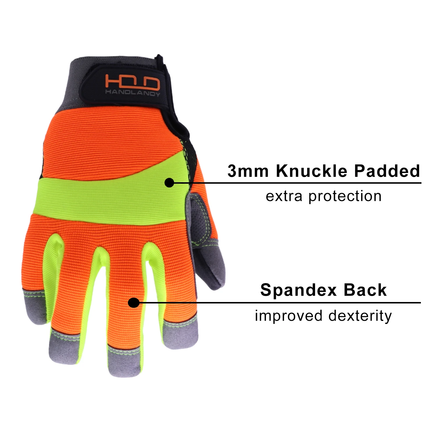 HANDLANDY Hi-vis Reflective Work Gloves, Anti Vibration Safety Gloves, Touch Screen, Orange Flexible Spandex Back