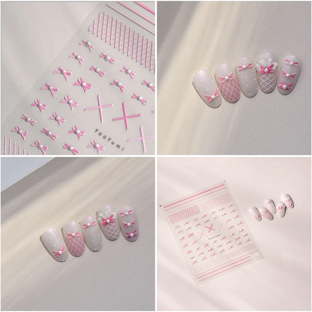 Cinta rosa con lazo para uñas, pegatinas adhesivas con diseño de diamantes de cristal de alta calidad, decoración artística de uñas, T-3182