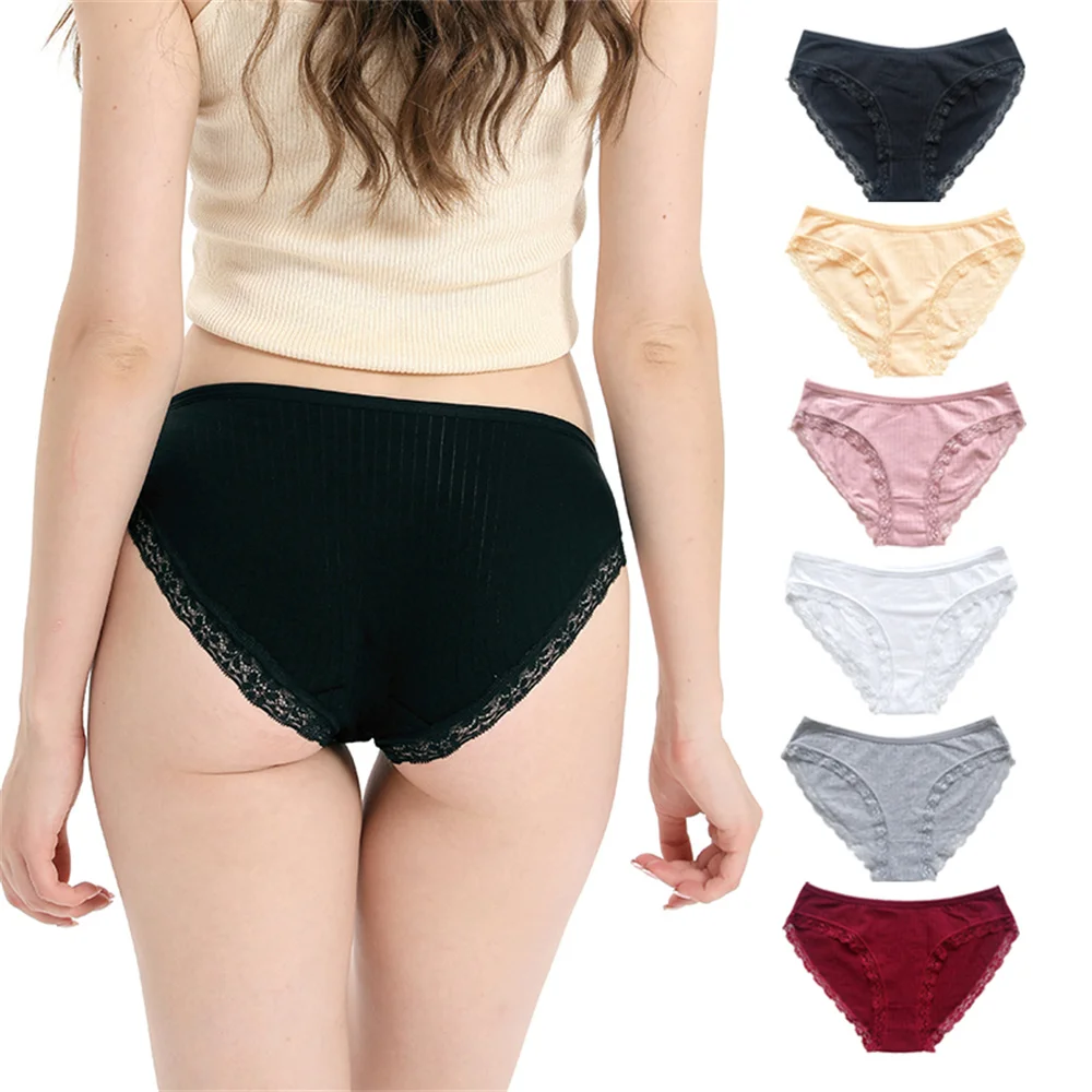 

6PCS Sexy Cotton Striped Briefs Women Low Waist Cotton Underwear Lace Briefs Panties Breathable Lace Intimate Lingerie Underpant