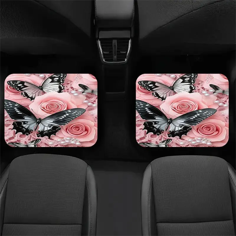 4pcs Elegant Pink Black Rose Butterfly Car Floor Mats Set Soft Pastel Pink Golden Interior Decor Ideal Car Accessories Gift view 2