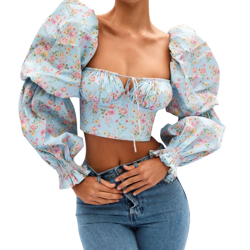 Summer Fashion Sexy Short Blouse Women Lantern Long Sleeve Corset Crop Tops Ladies Casual Off-shoulder Y2k Shirt Blusas 26217