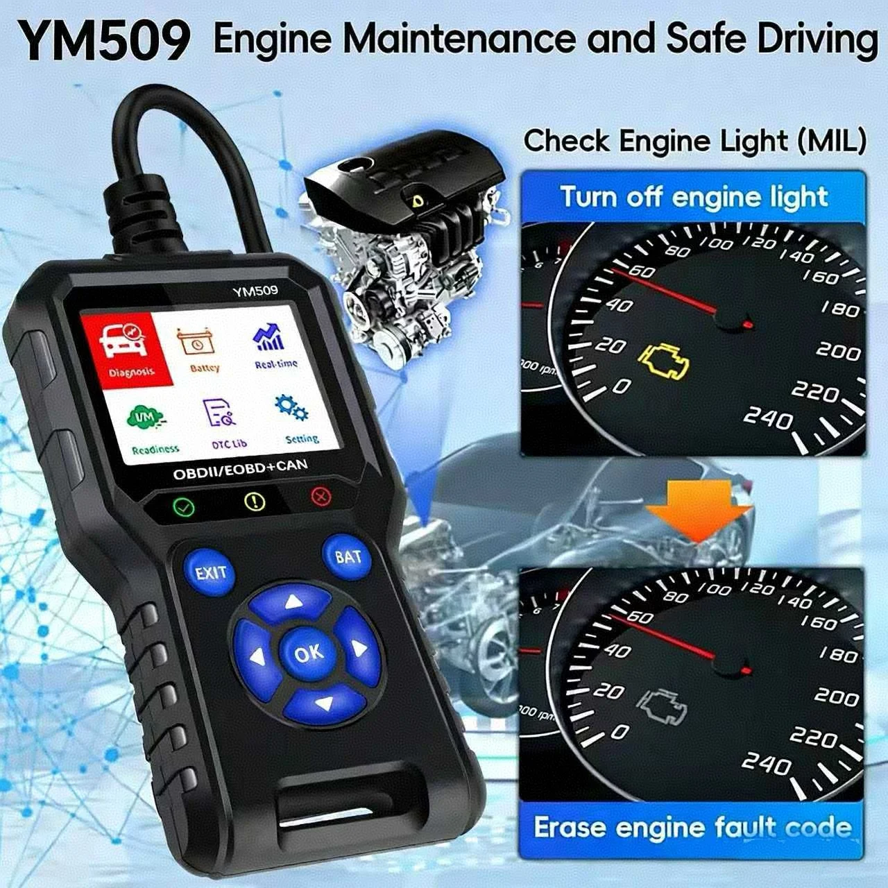 

YM509 OBD2 Scanner Car Diagnostic Tool Turn Off Engine Light Battery Test Real-Time Data 26801 DTC Codes 13 Languages For Cars
