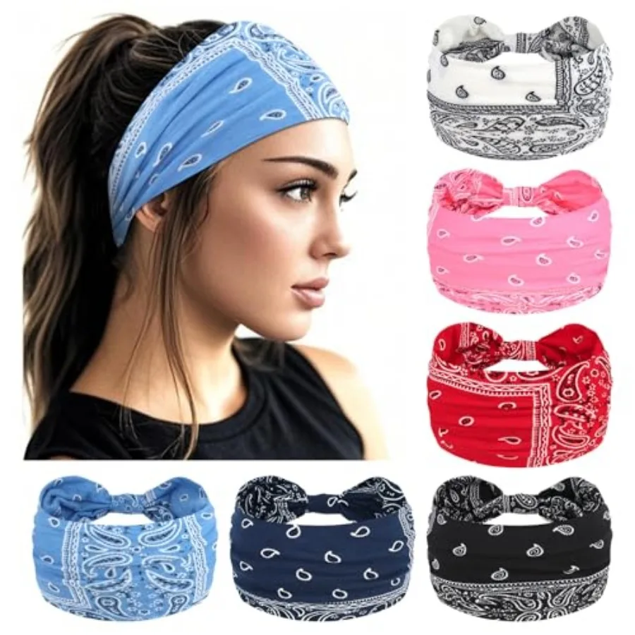 

Boho Wide Bandana Headbands - Stretch Knotted Elastic Head Wraps for Women, Yoga, Workout, and Hair Accessories 6 Pack