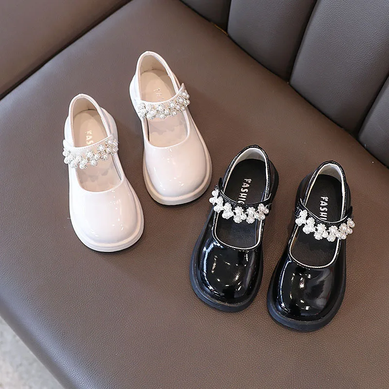 2023 Spring New Girls Leather Shoes Kids Fashion Cute Pearls Rhinestone Princess Shoes Children\'s Anti Slip Flat Shoes G590