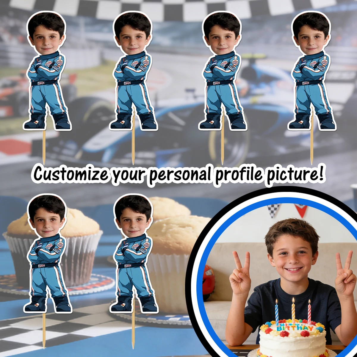 Personalisierter Geburtstags-Rennwagen-Kuchenaufsatz mit individuellem Gesichtsfoto, Rennsport-Thema, Meilenstein-Geburtstagsfeier, Kuchendekoration – Detail 3