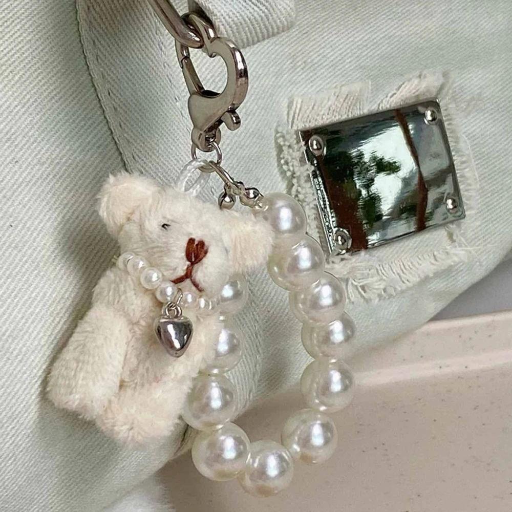 Fashion Pearl Keychain Charming Conjoined Teddy Bear Phone Chain Keychain Car Keys Women Handbag Phone Accessories Heart Keyring image 2