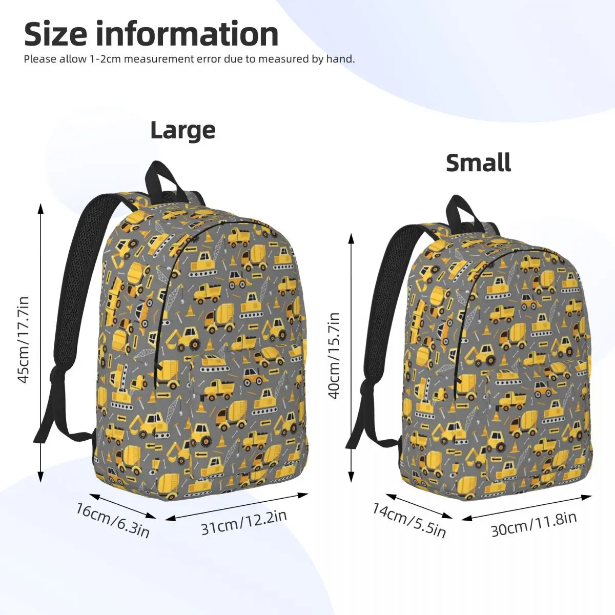 Caminhão de construção na mochila cinza para crianças, Sacos de livros escolares para meninos e meninas, mochila estudantil, saco primário pré-escolar, ao ar livre