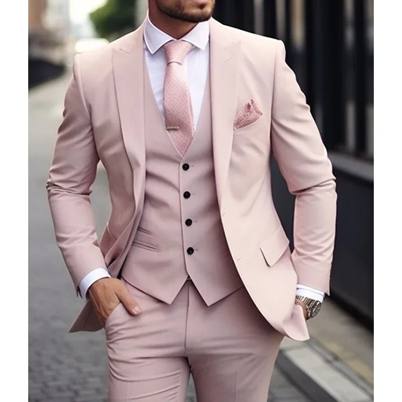 

Pink Luxury Men's Suits Terno Formal Outfits 3 Piece Jacket Pants With Vest Slim Fit Luxury Costume Homme Formal Occasion Terno