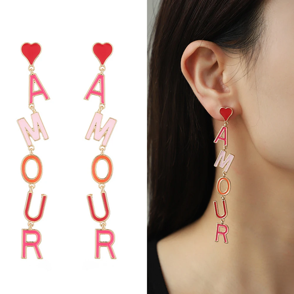 Novedad de 2025, pendientes de gota de aceite de lino con letras del Día de San Valentín para primavera y verano, decoraciones de joyería de moda femenina