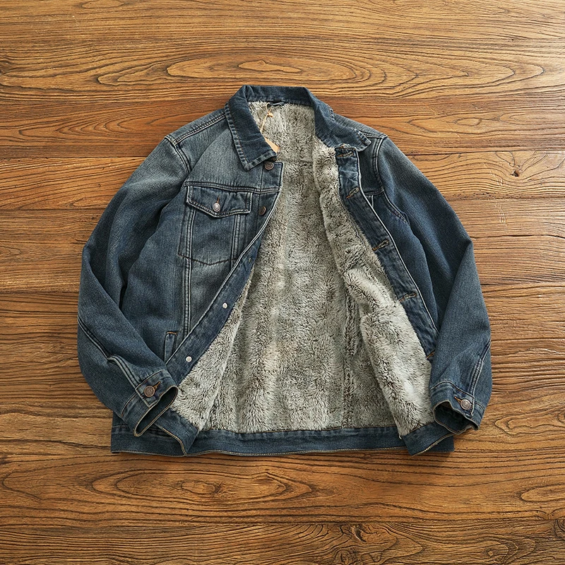 Autumn and winter new cashmere and thick flocking inner warm denim jacket men's classic American vintage cargo jacket
