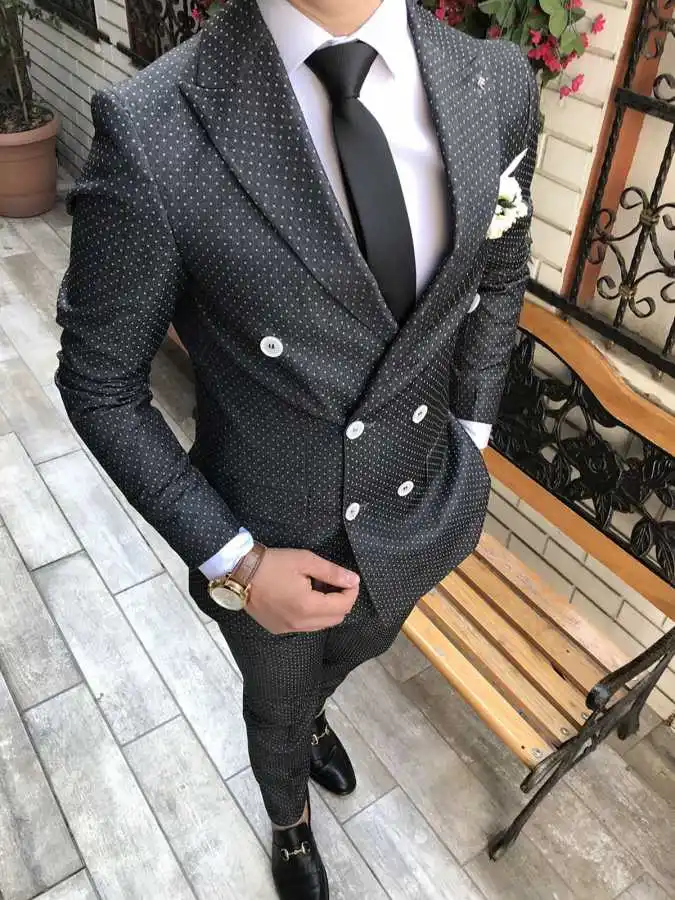 

Black Dots Men's Suits Peaked Lapel Blazer Sets Formal Double Breasted Wedding Party Tuxedos Male 2 Pieces Jacket Pants