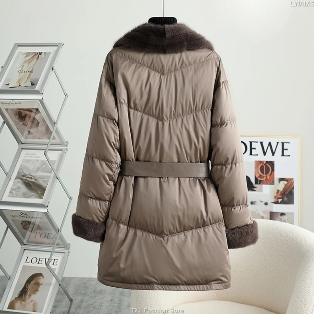 TXii Fashion Luxury Mink Collar Down Jacket With Waist showing slimming down jacket 2023 winter new mid length jacket for women