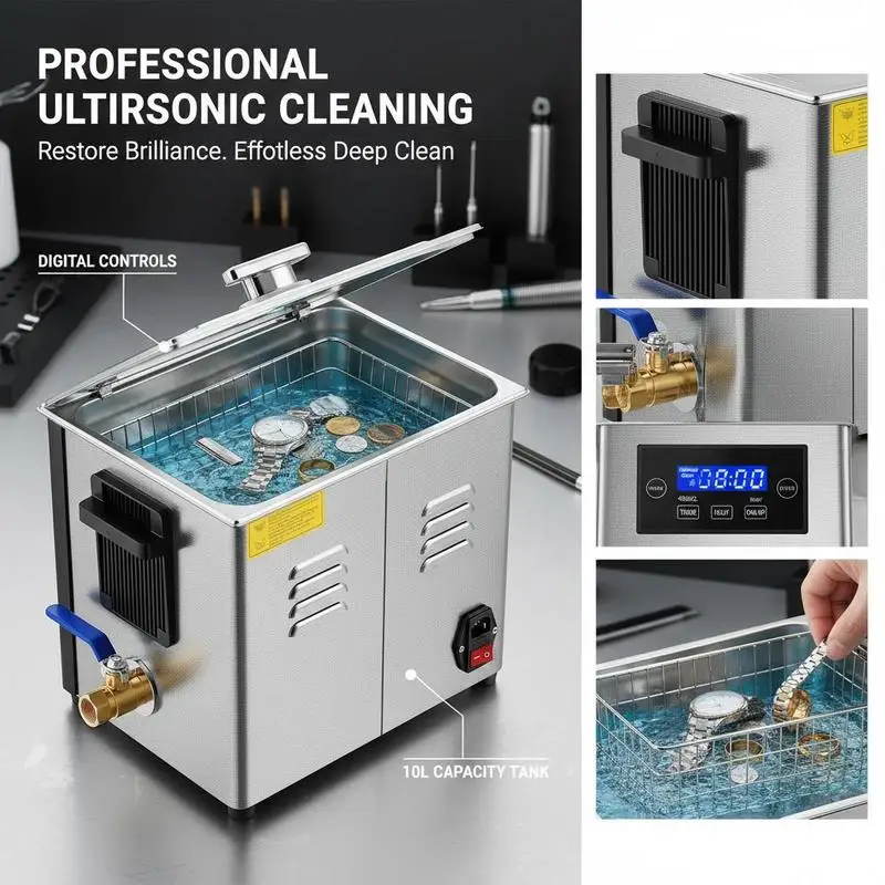10L Ultrasonic Cavitation Device 12.9x10.6x10.6 Inches For Jewelry Stores, Dental Clinics, Watch Repair Shops, 180W 40kHz Frequency Digital Timer Heater Cleaning Basket Included Metal Construction 110V/220V Compatible Professional Grade Cleaning Equi