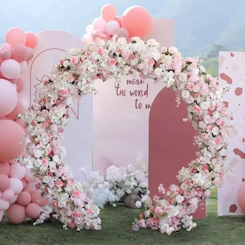 

Pink Wedding Welcome Photo Area Layout Simulation Flower Banquet Long Table Flower Tail Round Flower Arch Set Flowers