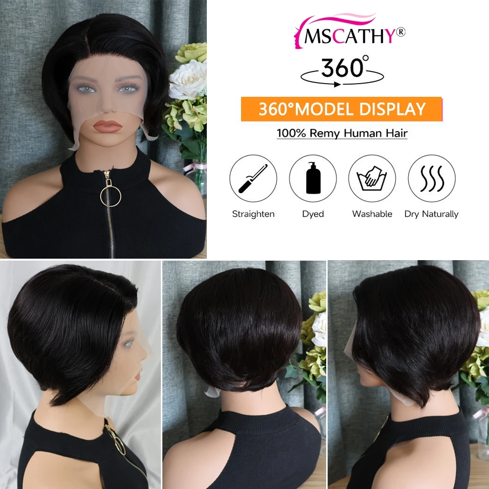 Short Bob Straight Remy Brazilian Human Hair L Lace Part Wig Preplucked Transparent Pixie Cut Side Part Lace Wigs For Women