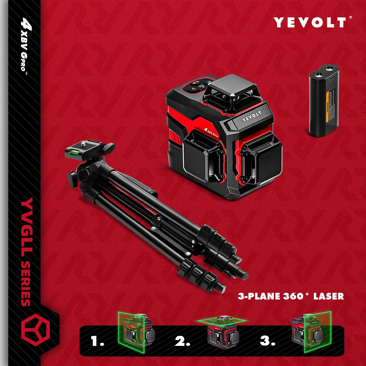 

YEVOLT YVGLL4XS12 Rotary Laser Level Full Layout 12-Line Switchable Dual-Power High Precision SlopeAdapt Self-Leveling 30m Range