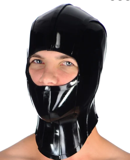 100% Latex Schwarze Tight Hood anti-clip hair Kopfbedeckung Zip Geöffnete Augen