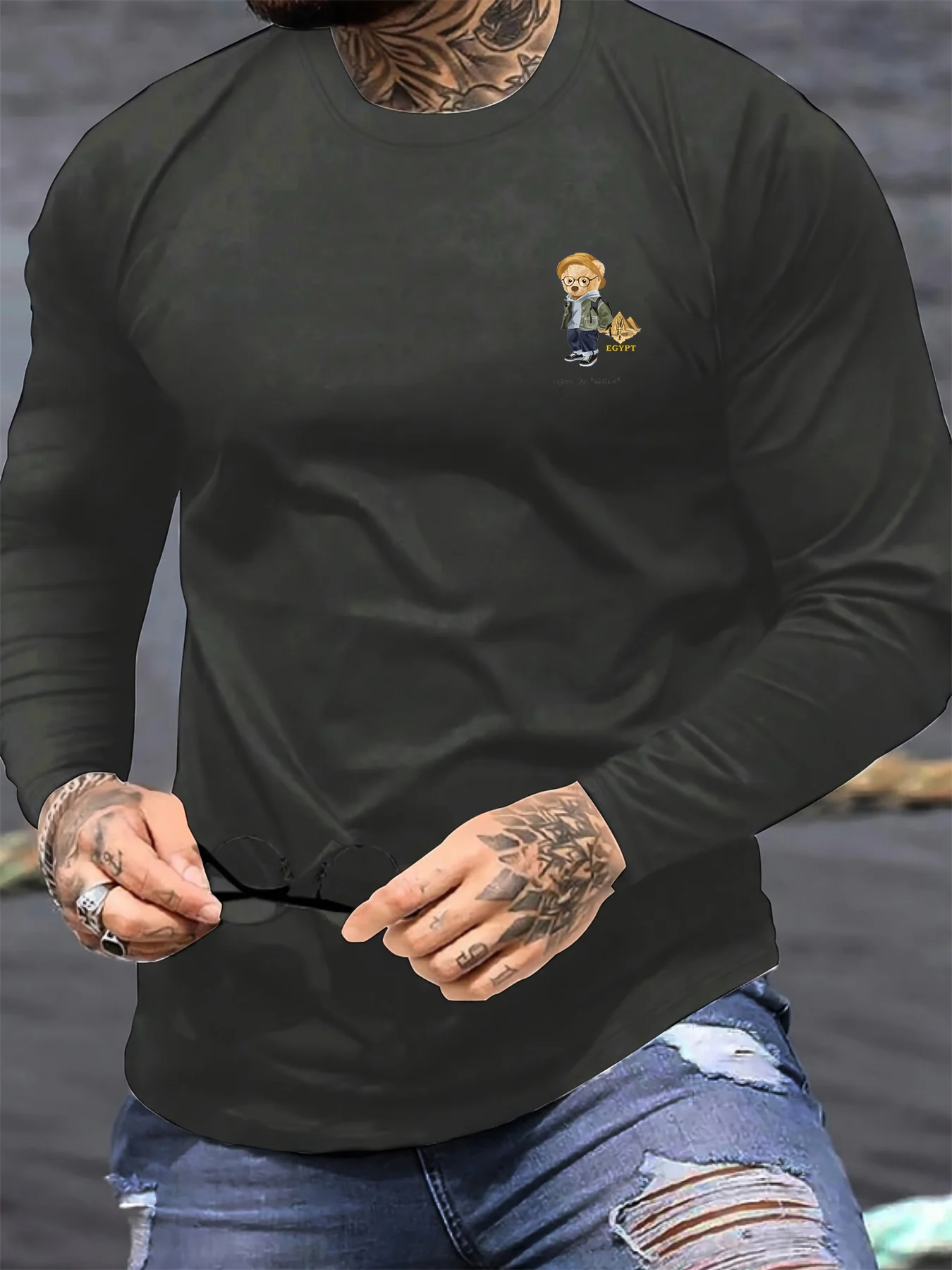 

Men's Spring and Autumn 100% Cotton Comfortable Casual Cartoon Travel Bear Printed Round Neck Long Sleeve T-shirt Top