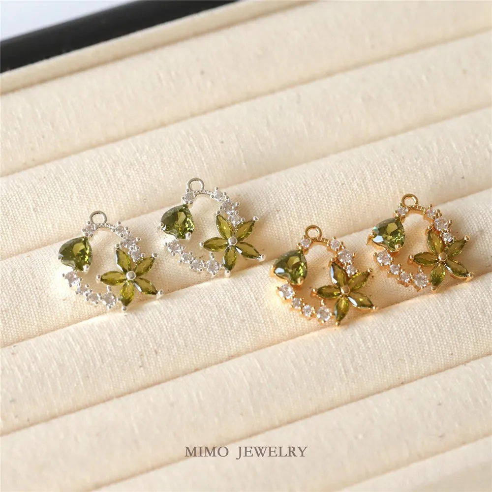 

2 шт., медное настоящее золото, аксессуар ручной работы «сделай сам», круглый оливково-зеленый цветок, гирлянда из циркона в форме сердца, 19,3x18 мм