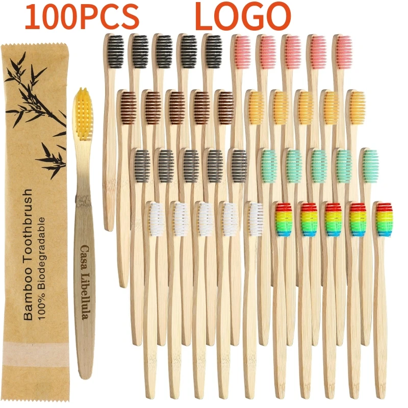 100 Pcs Biodegradable Eco-Friendly Natural Bamboo Charcoal Toothbrushes Soft Bristle Travel Wooden Manual Toothbrush Laser LOGO