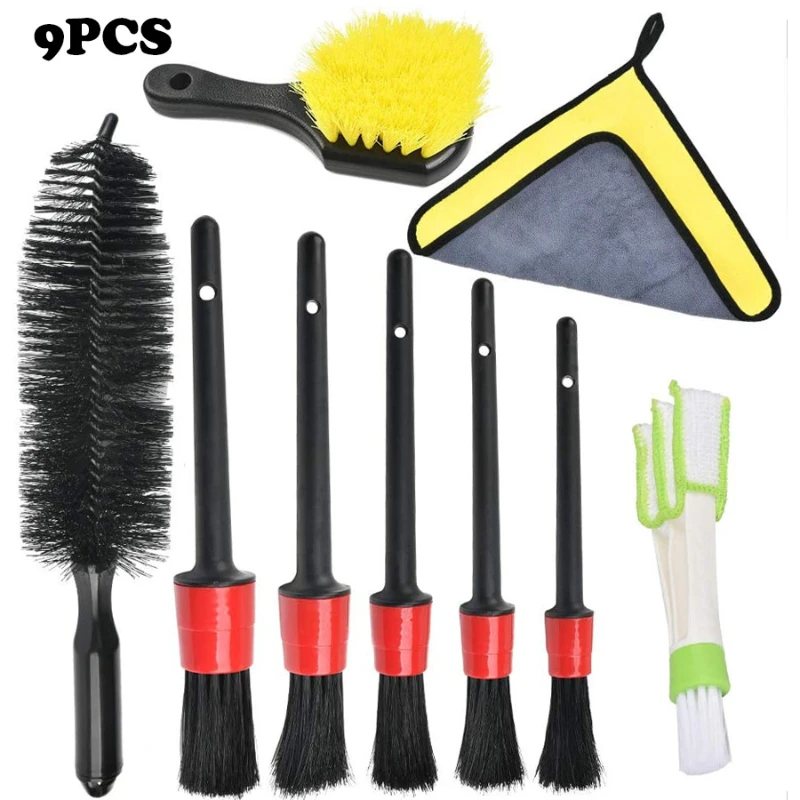 9-Piece Car Detailing Tool Kit Accessories Tire Brush Microfiber Wipe Dashboard Vent Detail Brush Interior Leather Dusting Clean