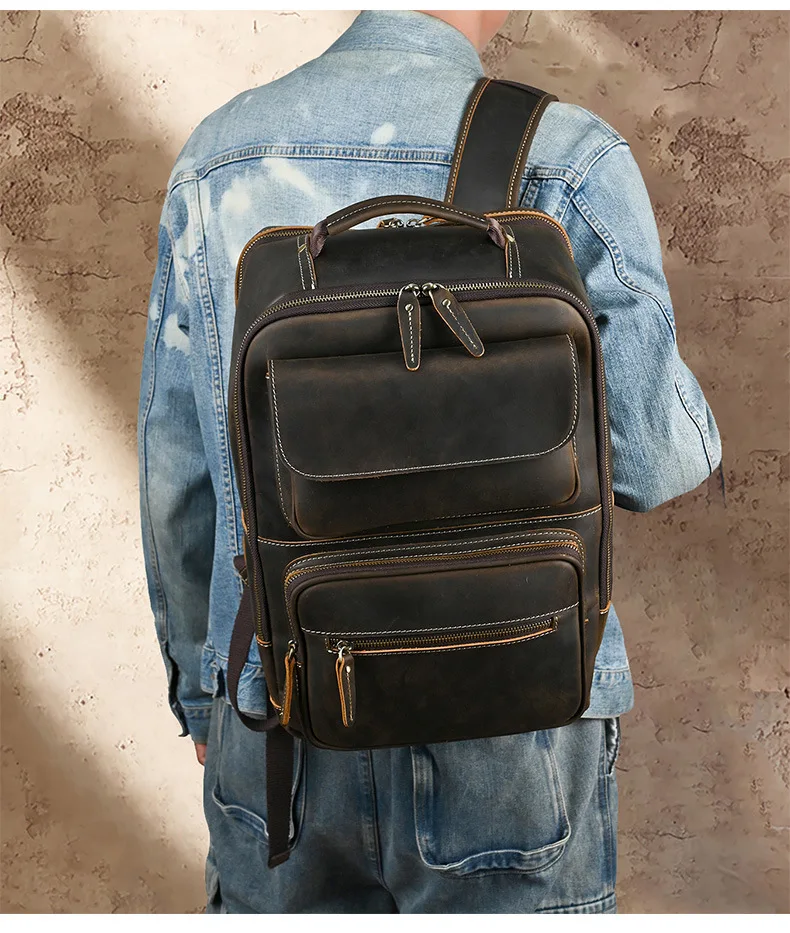 Crazy Horse Leather Backpack Men Male Cowhide Leather Laptop Bag Double Shoulder Bagpack Big capacity travel Bag Daily Rucksack