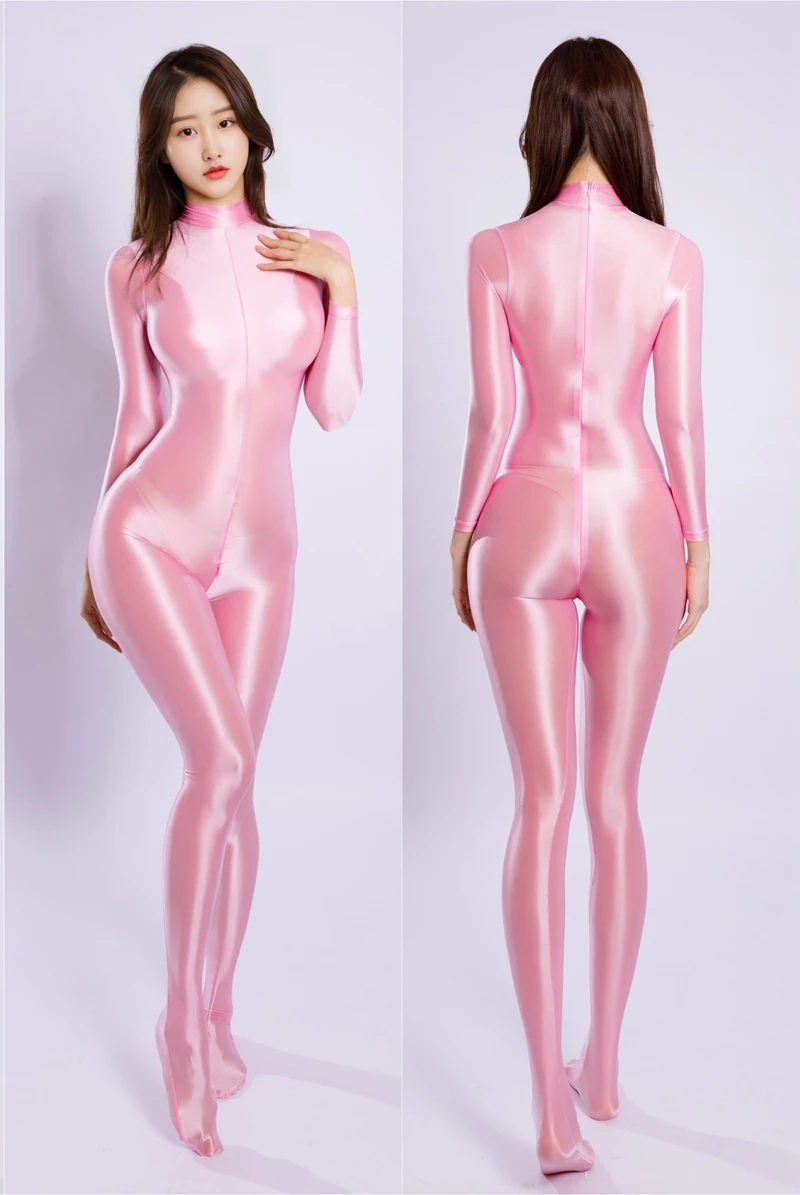 M XL Glossy Shiny Nylon Catsuit Bodystocking Zipper Open Crotch Bodysuit Tights Leotard Conjoined Unitard Jumpsuit Fitness Body