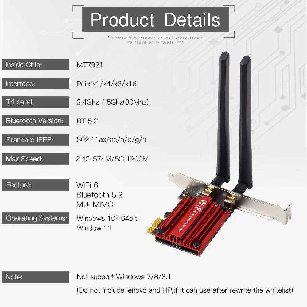 Imagem -02 - Adaptador sem Fio Pci Express 1800mbps Wi-fi Bluetooth 5.2 Dual Band 802.11ax ac Placa de Rede Windows 10 11 Mt7921