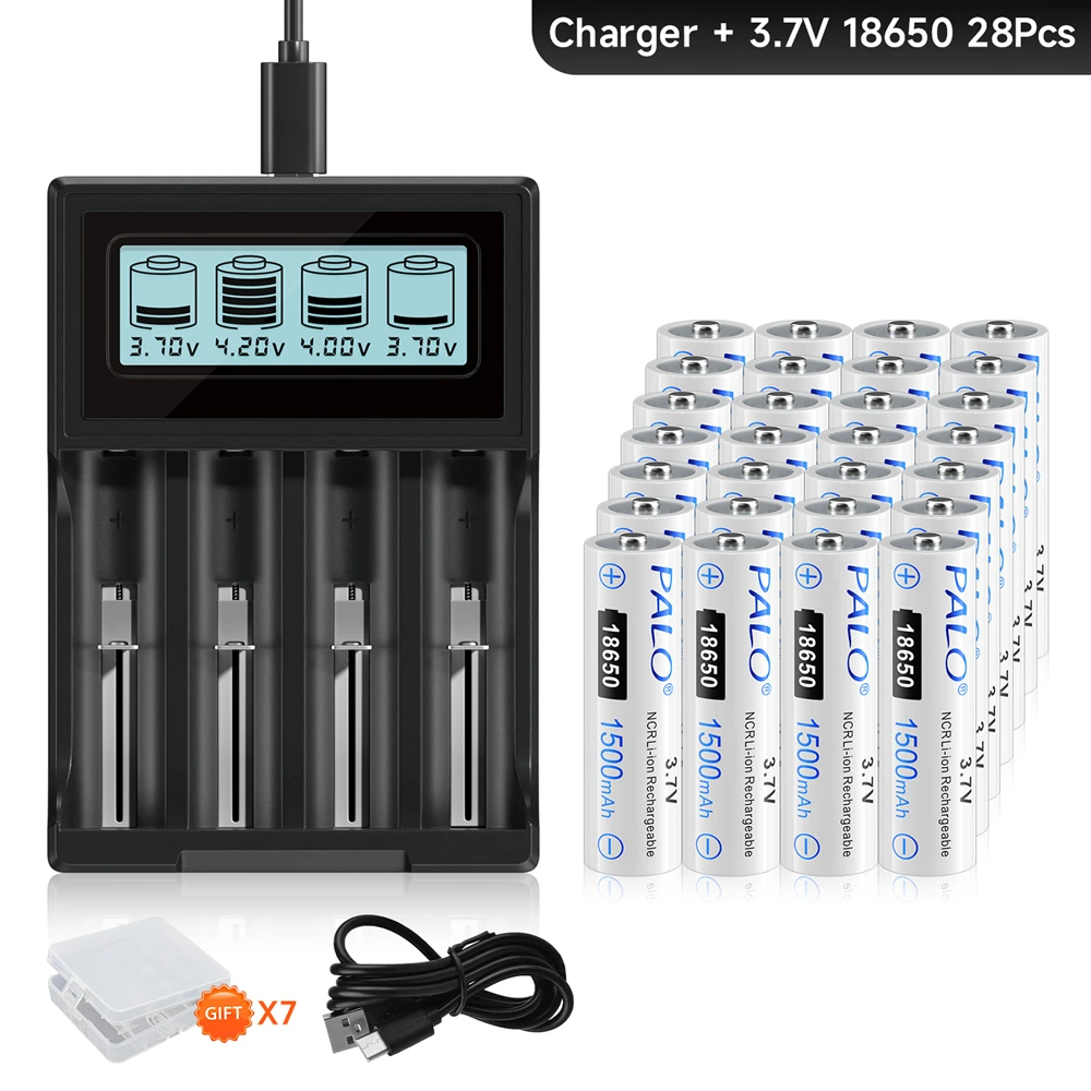 16-32PCS 1500mAh 18650 Battery 3.7V Rechargeable Li-ion Battery+LCD 4-slot Battery Charger for 14500 16350 18650 18500 Battery