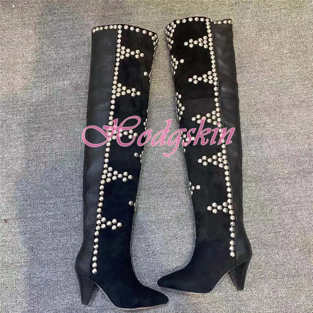 Rivet Spike Heels Boots Pointy Toe Solid Bead Suede Women Shoes Slip On Winter Party Dress Boots Large Size Customized Long Shoe