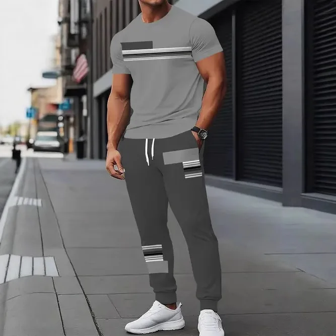 2025 Summer Mens Short Sleeve  Long Pants Set  Casual Fashion Minimalist Trendy 3D Printed T Shirt Outfit
