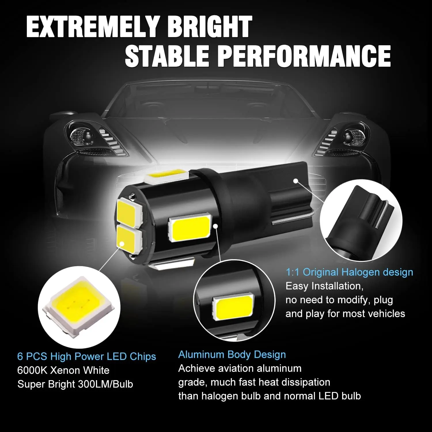 194 LED Bulbs 6000K Xenon White 5630 Chip T10 168 2825 W5W Car Interior Lights (Pack of 10)