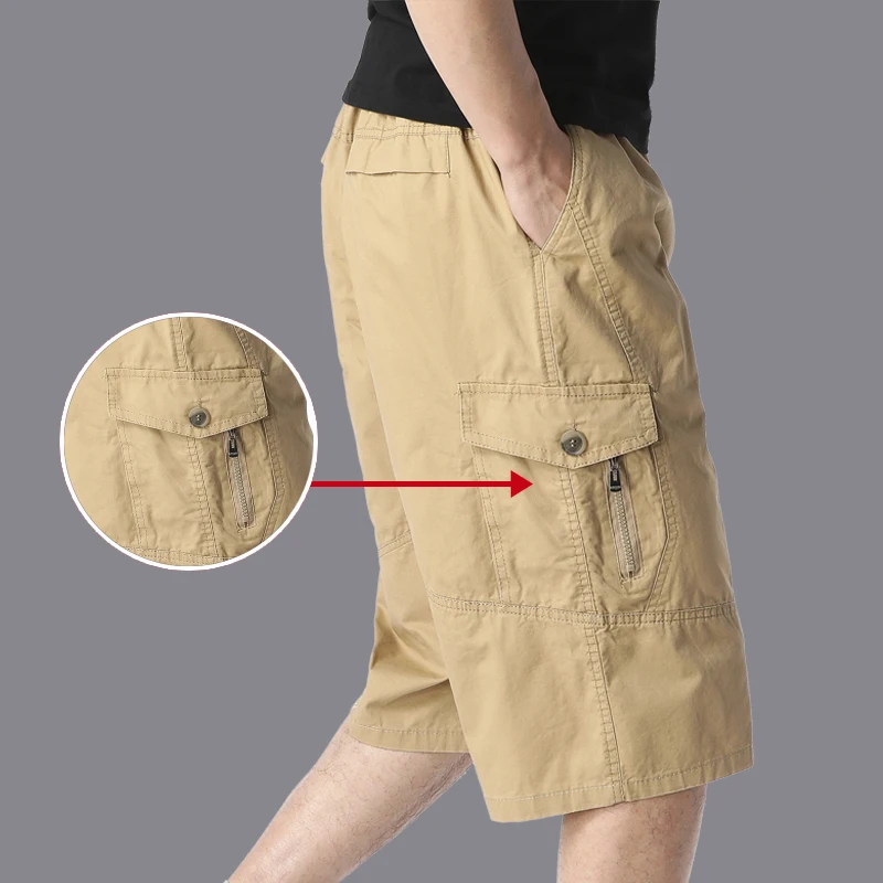 Overalls Men's Summer Cargo Shorts  Loose Oversized Zipper Pocket Large Size 6XL 5XL Plain Beach Pure Cotton Knee-length Pants