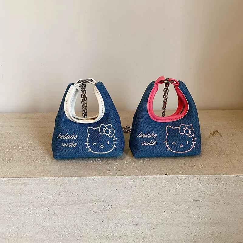 Kawaii HelloKitty Handbag Sanrio Cute Kitty Embroidery Mini Denim Handheld Detachable Strap Travel-Friendly Statement Apparel​​