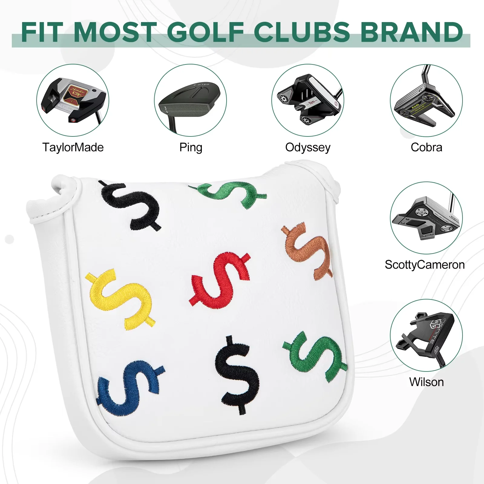Colorful Golf Headcovers, US Dollar Golf Mallet Putter Covers with Magnetic Closure, Elegant Embroidery Fits for Golf Putte