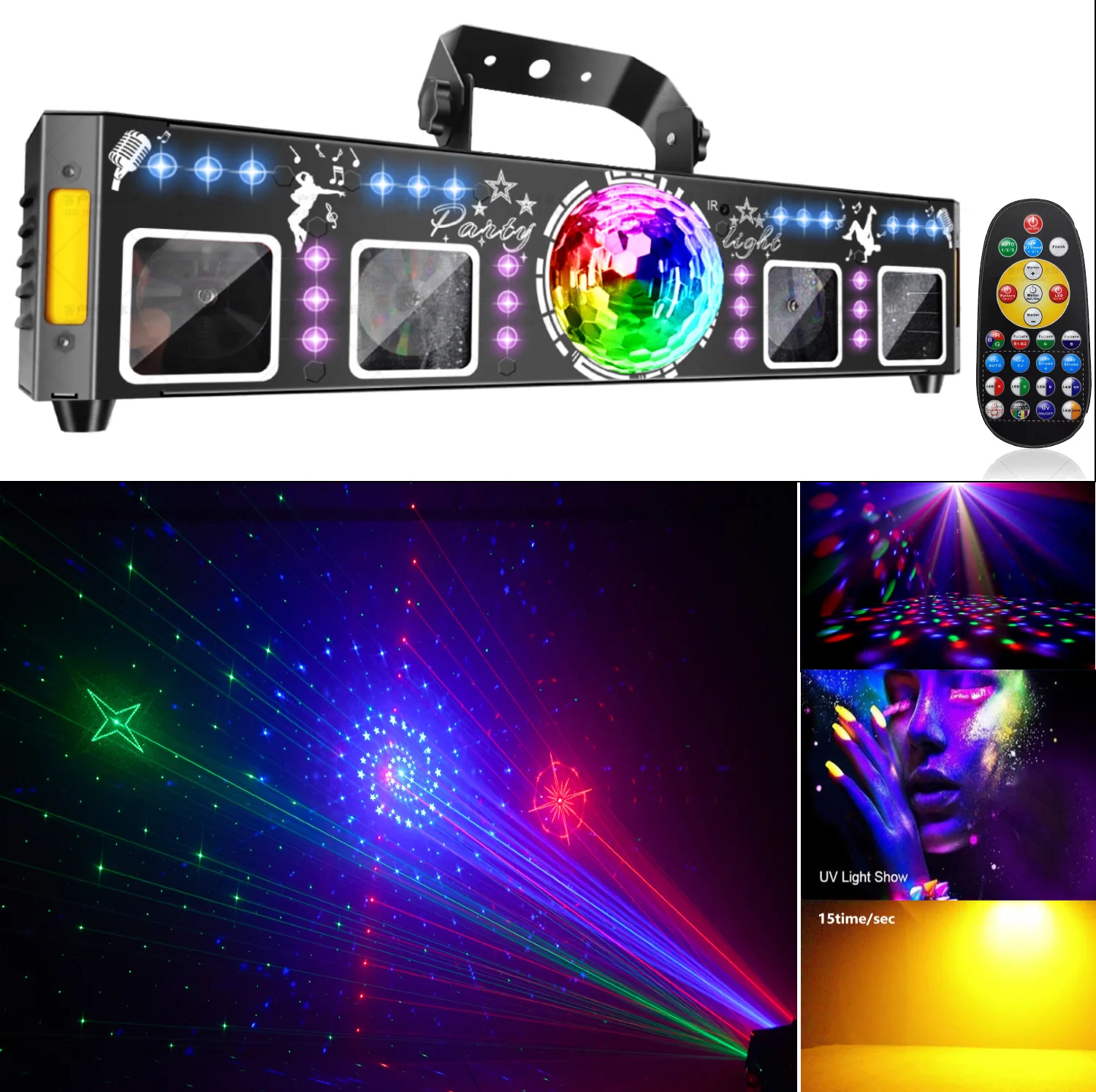 

Disco Ball Stage Lighting 9LED+16UV+2Strobe DMX Controller 96Pattern Sound Pickup DJ For Bar Club KTV Projector Light Party