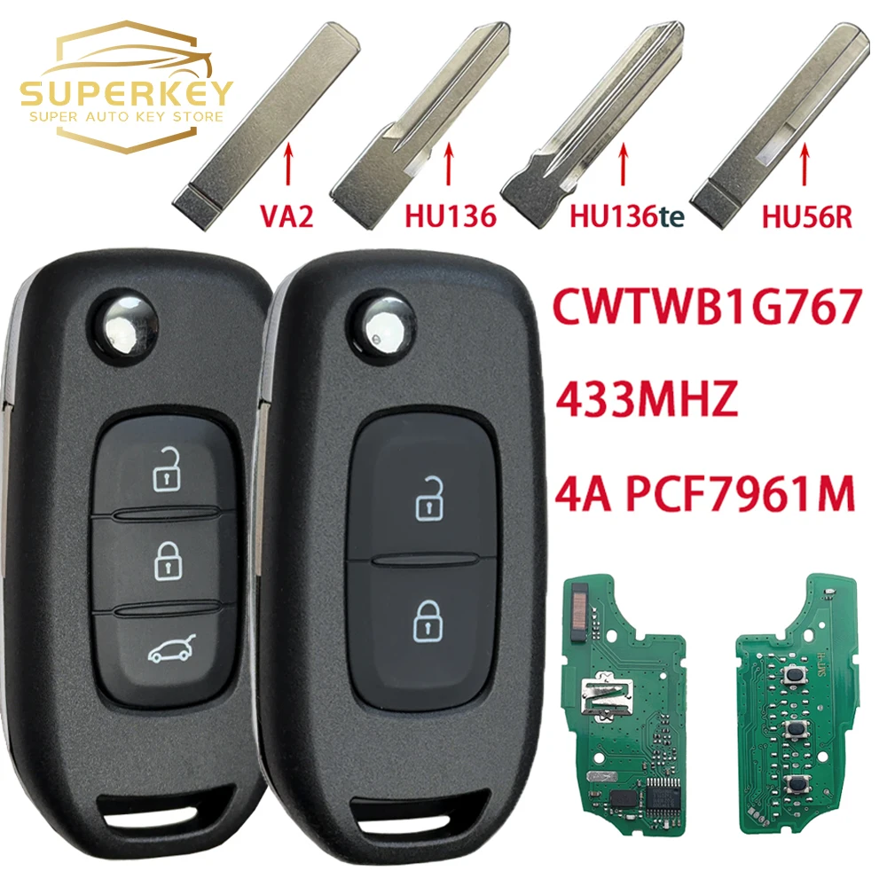 SUPERKEY For Renault Megane3 Logan2 Kadjar Captur Symbol Dacia Duster 4A Chip 433MHZ PCF7961M Smart Flip Car Key CWTWB1G767