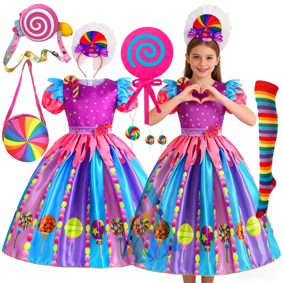 2026 Purim Karneval Regenbogen Candy Lollipop Klassisches Kostüm für Mädchen Geburtstagsfeier Tutu Prinzessin Kleid Ballkleid Kleid Set