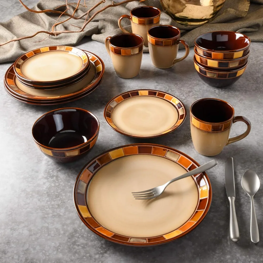 

Retro Style 16 Piece New Beige and Brown Ceramic Tableware Set, Dishwasher and Microwave Safe To Use