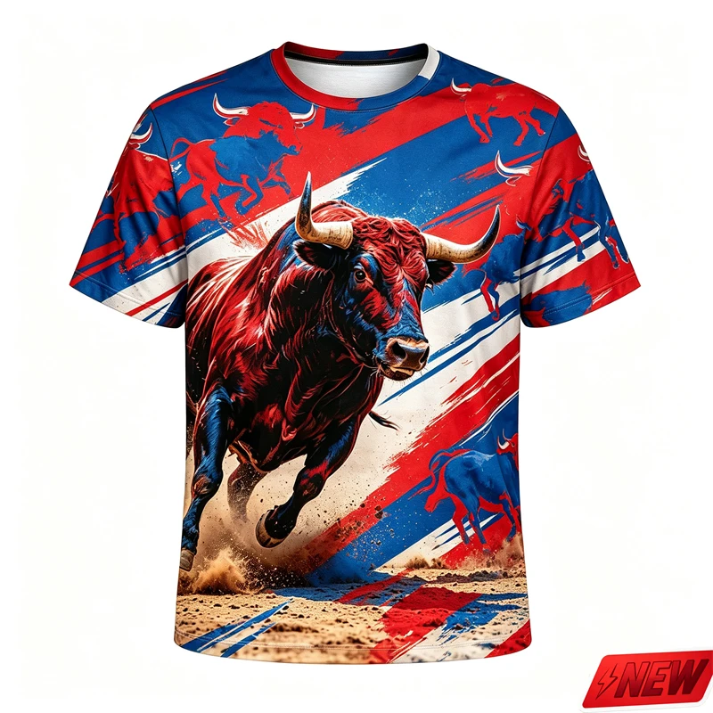 Colorful Bull Animal Graphic T-shirt Men Street 3D Print Short Sleeve Tops Wild Animal Lovers Fashion Oversized Round Tees