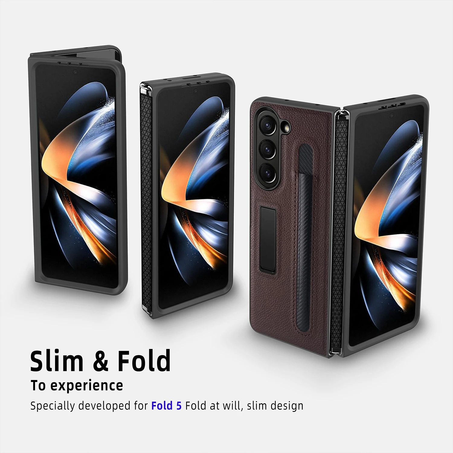 with S Pen Slot For Samsung Galaxy Z Fold 5 Case Hinge Leather 360 Full Screen Protector Cover Fold 4 3 Cases Magnetic Kickstand