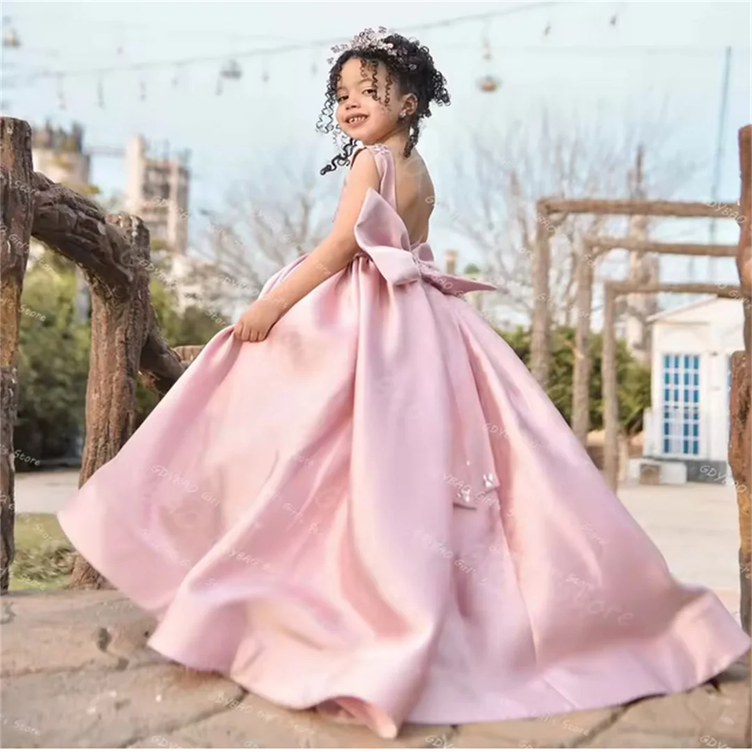 Customized Girls Party Gown Pink Satin Princess Flower Girl Dresses for Wedding Toddlers Crystal Bow Pageant Birthday Dress