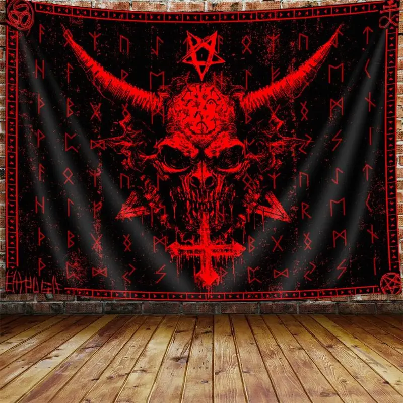 VIKAMA Red Black Gothic Skull Tapestry Horned Demon Pentagram Occult Art Hanging Decor For Bedroom Living Room Dorm Walls
