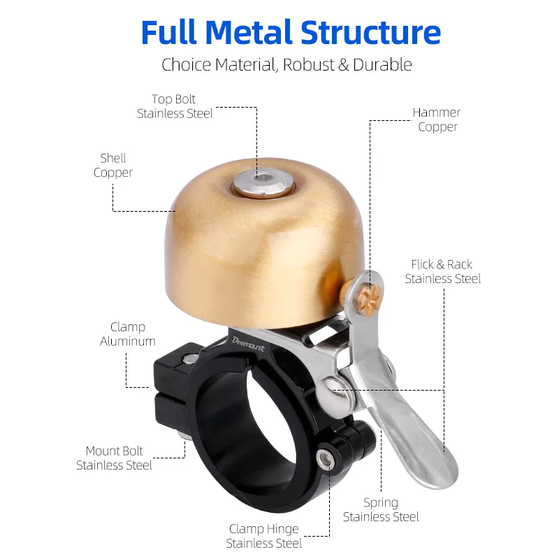 Deemount 클래식 사이클 황동 벨, 왼손 오른손 사용 자전거 핸들 바 마운트, 양극산화 35mm 링, 하이 피치, 선명한 소음 경고