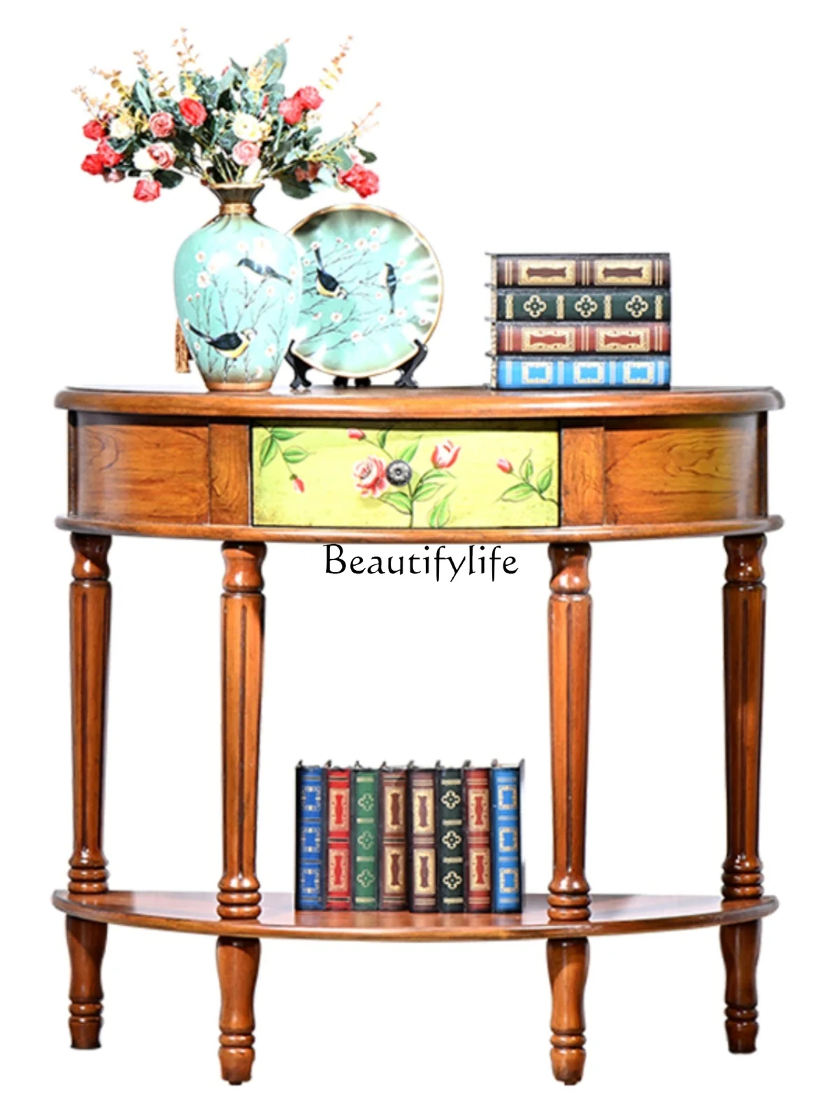 

American Country Semicircle Console Tables Painted Solid Wood Side Cabinet Retro Distressed Side Table against the Wall