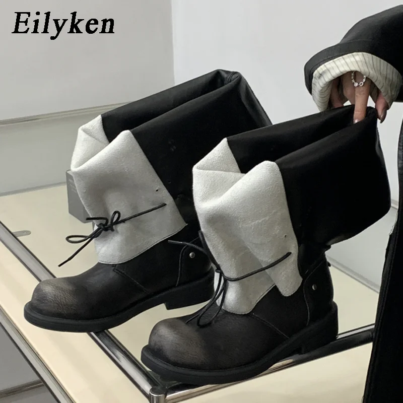 Eilyken Winter Designer Retro Pleated Foldable Round Toe Women Lace Up Ankle Boots Square Heels Shoes Botines Zapatos Mujer